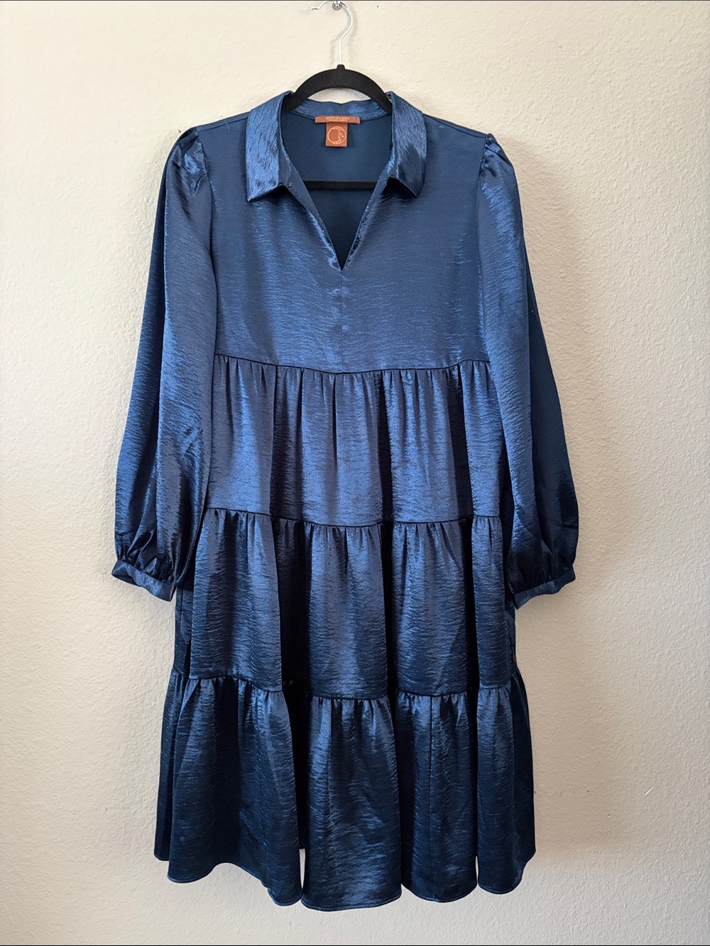Scotch & Soda Navy Blue Satin Tiered Long Sleeve Dress